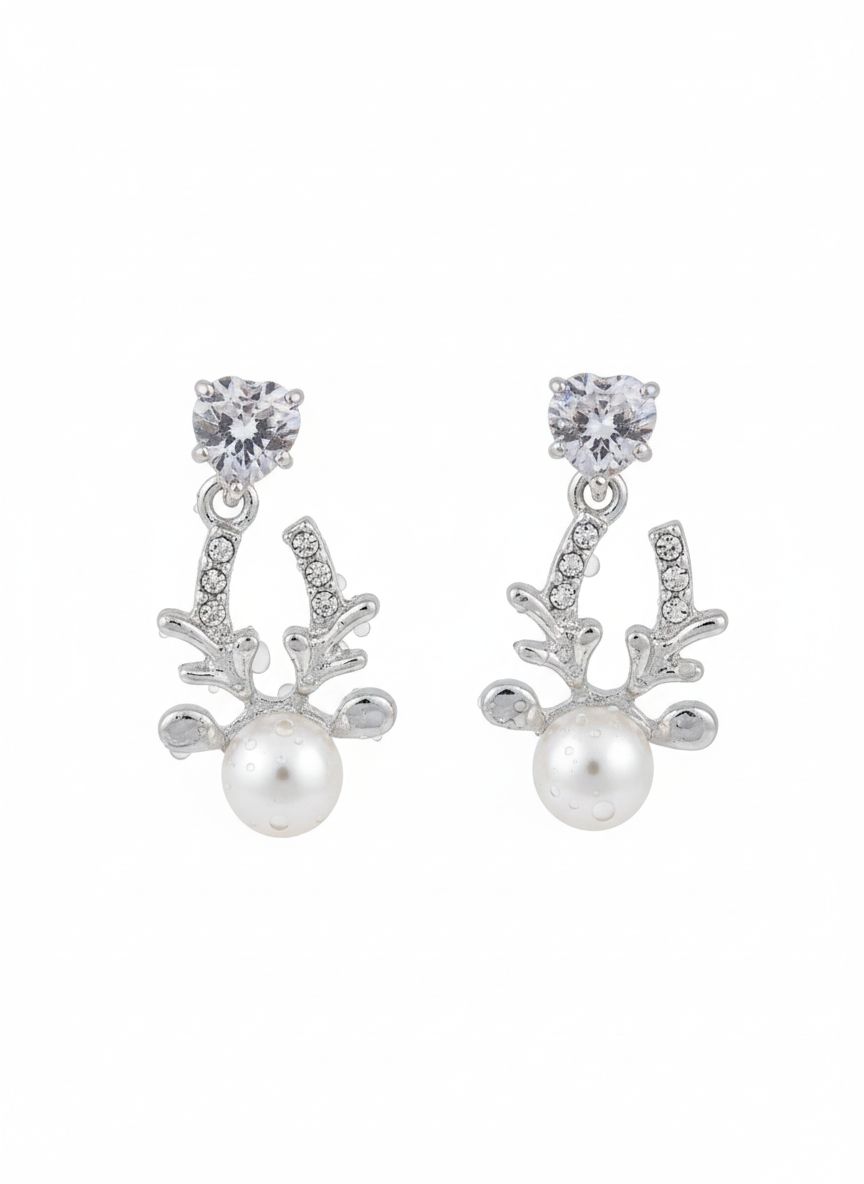 Elegant Reindeer Pearl Drop Earrings – Festive Sparkle