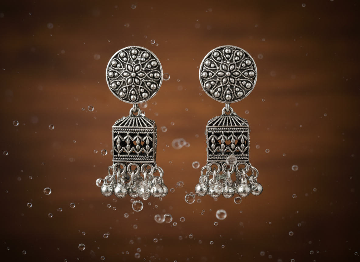 Vintage Oxidised Silver Jhumka Earrings – Intricate Floral Charm