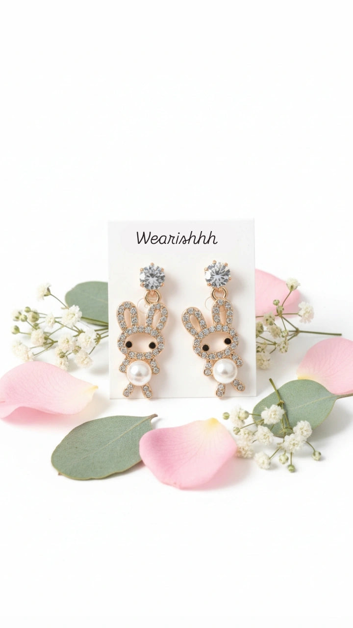 Crystal Bunny Pearl Drop Earrings – Wearishhh Exclusive