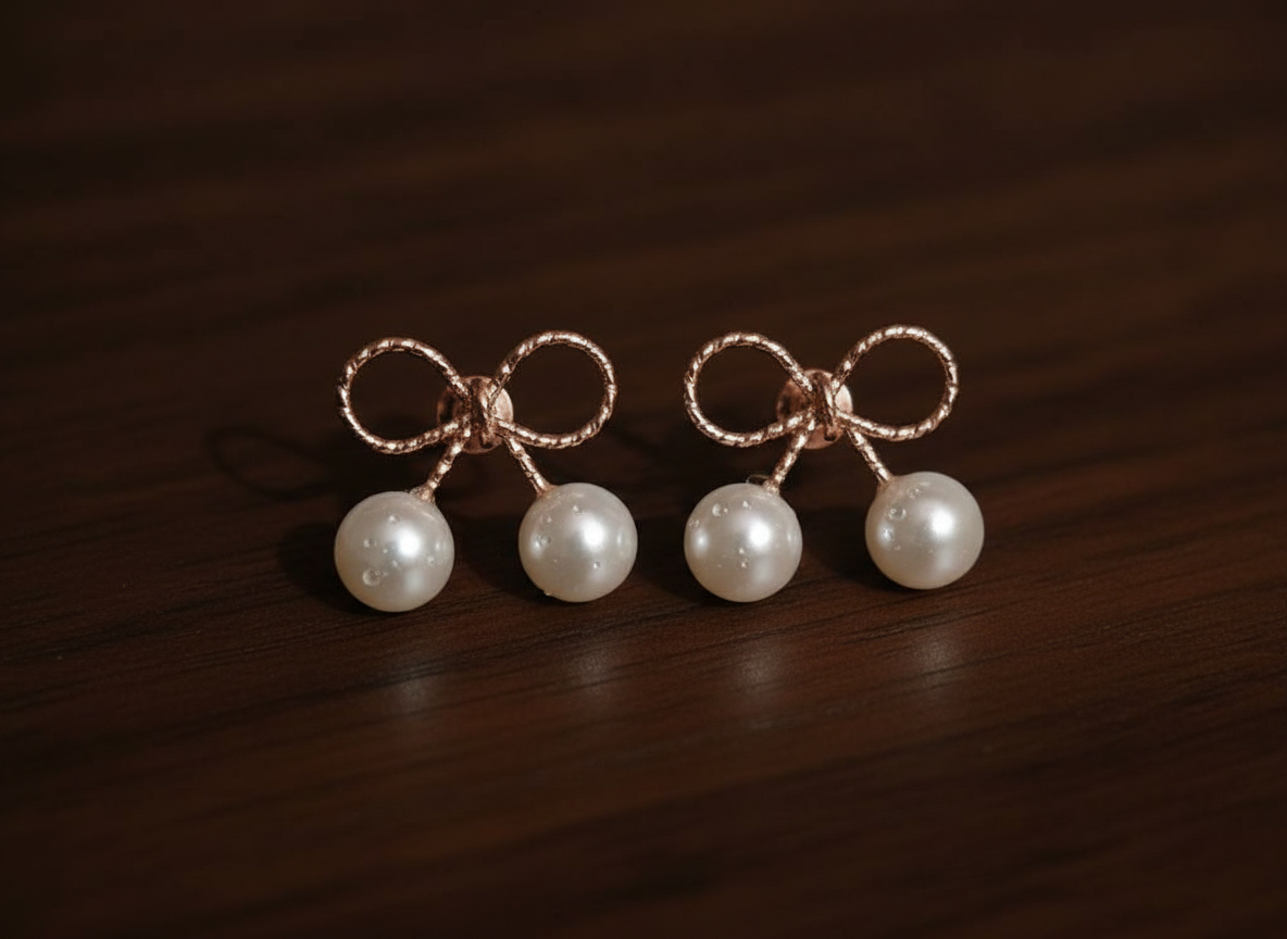 Rose Gold Bow & Pearl Stud Earrings – Delicate Luxury Charm